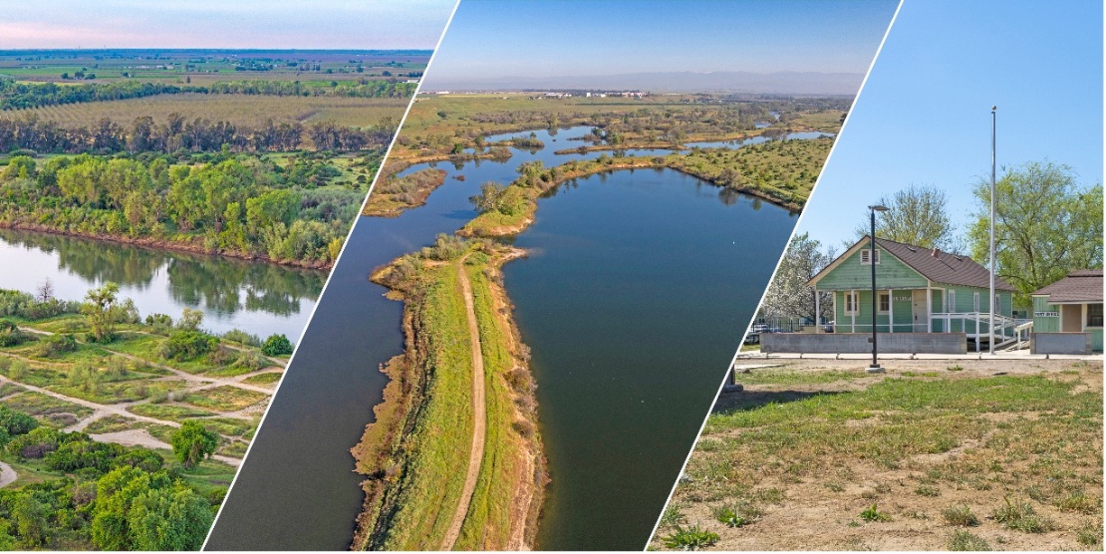 Left to right: Aerial view of Feather River Park in Yuba County. Aerial view of the San Joaquin River Parkway in Fresno and Madera Counties. Dust Bowl Camp in Kern County.